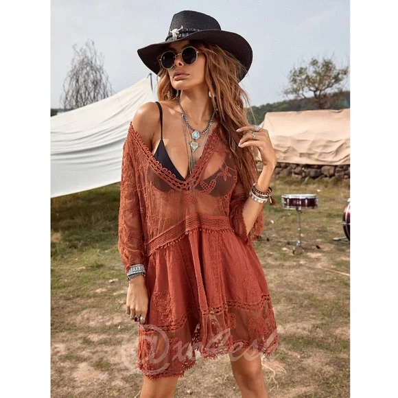 Burnt Orange Lace Coverup Dress Tunic Bohemian Short - Picture 1 of 10